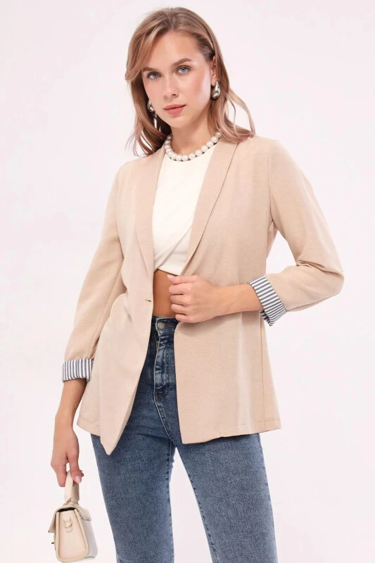 Women's Beige Arm Lined Single Button Jacket ARM-22K001122-Beige - ARMONIKA