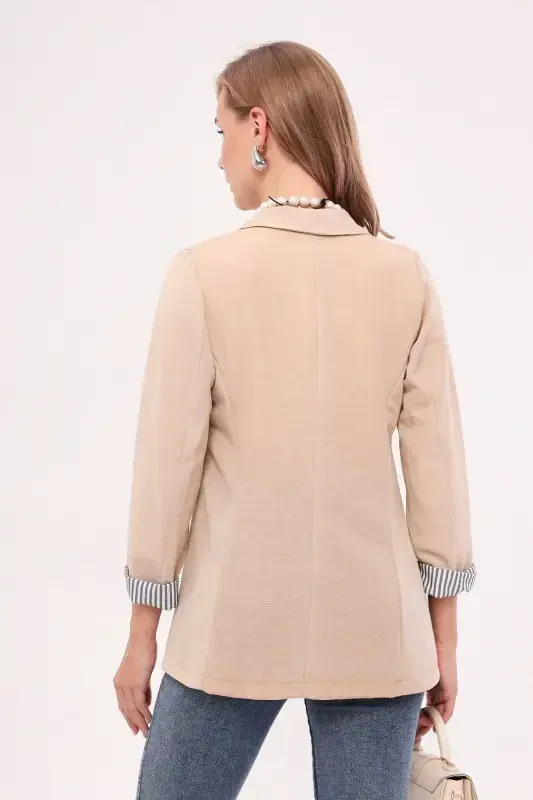 Women's Beige Arm Lined Single Button Jacket ARM-22K001122-Beige - 4