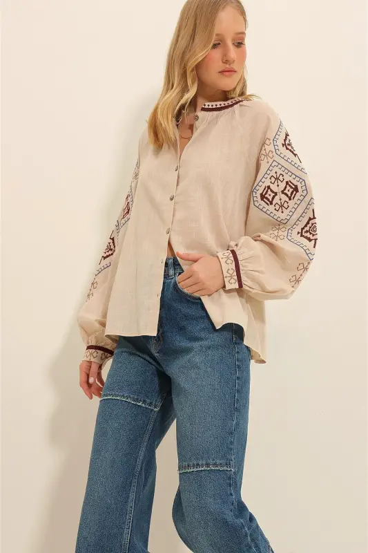 Women's Beige Balloon Sleeve Embroidered Collarless Shirt ALC-X11290 - 1
