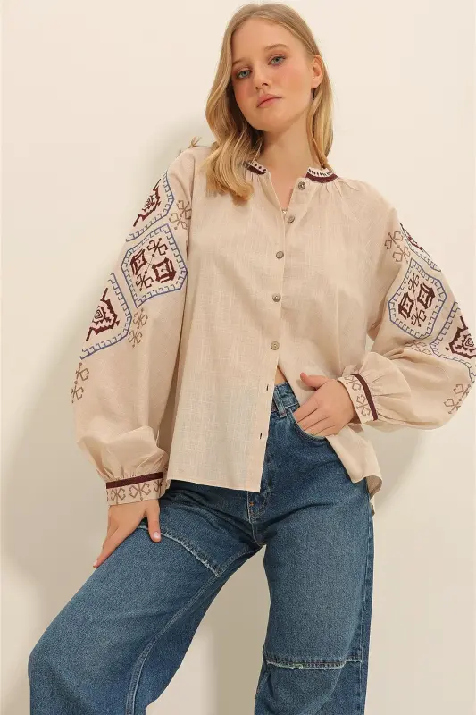 Women's Beige Balloon Sleeve Embroidered Collarless Shirt ALC-X11290 - 2