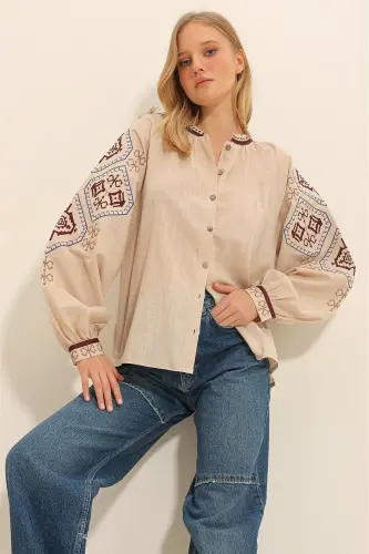 Women's Beige Balloon Sleeve Embroidered Collarless Shirt ALC-X11290 - 3