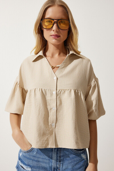 Women's Beige Balloon Sleeve Plaid Woven Shirt RG00013 - 4