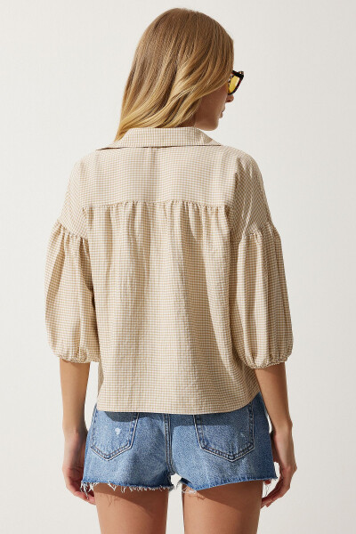 Women's Beige Balloon Sleeve Plaid Woven Shirt RG00013 - 6