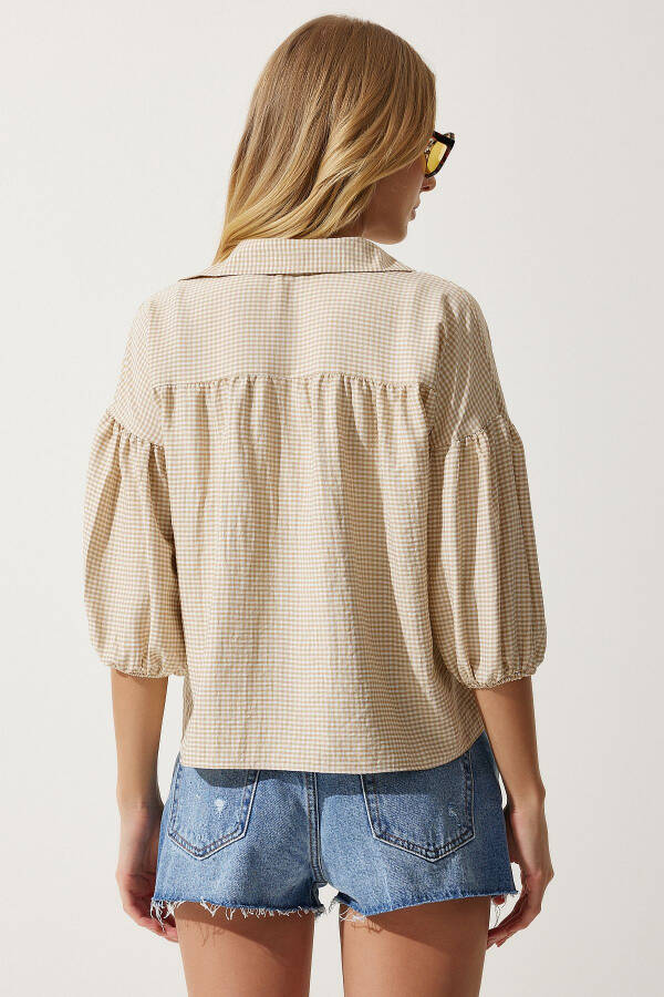 Women's Beige Balloon Sleeve Plaid Woven Shirt RG00013 - 6