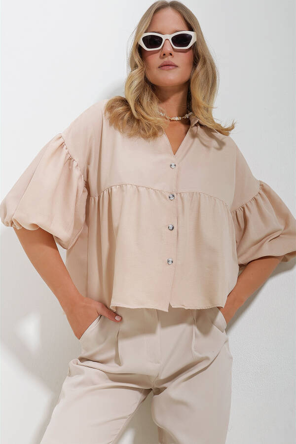 Women's Beige Balloon Sleeve Robe Ruched Kubra Cotton Crop Shirt ALC-X11624 - 1