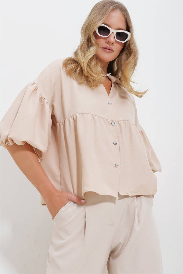 Women's Beige Balloon Sleeve Robe Ruched Kubra Cotton Crop Shirt ALC-X11624 - 2