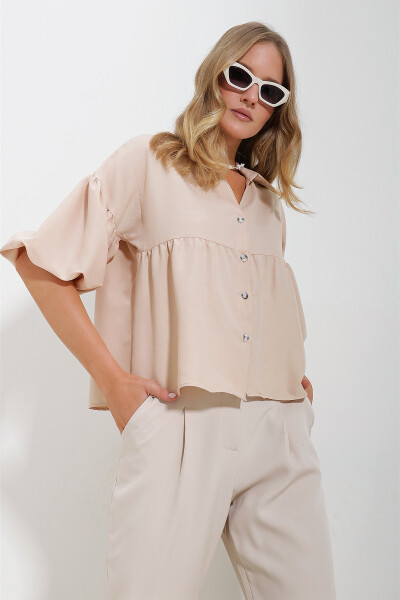 Women's Beige Balloon Sleeve Robe Ruched Kubra Cotton Crop Shirt ALC-X11624 - 3