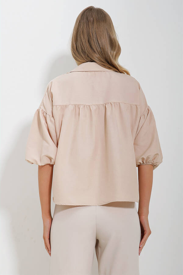 Women's Beige Balloon Sleeve Robe Ruched Kubra Cotton Crop Shirt ALC-X11624 - 6
