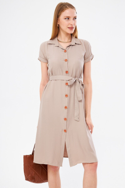 Women's Beige Belted Short Sleeve Shirt Dress ARM-19Y001068 - 1