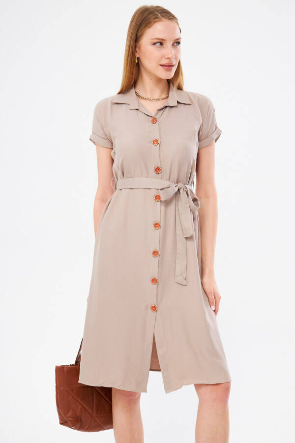 Women's Beige Belted Short Sleeve Shirt Dress ARM-19Y001068 - 1