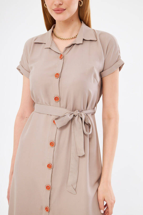 Women's Beige Belted Short Sleeve Shirt Dress ARM-19Y001068 - 2