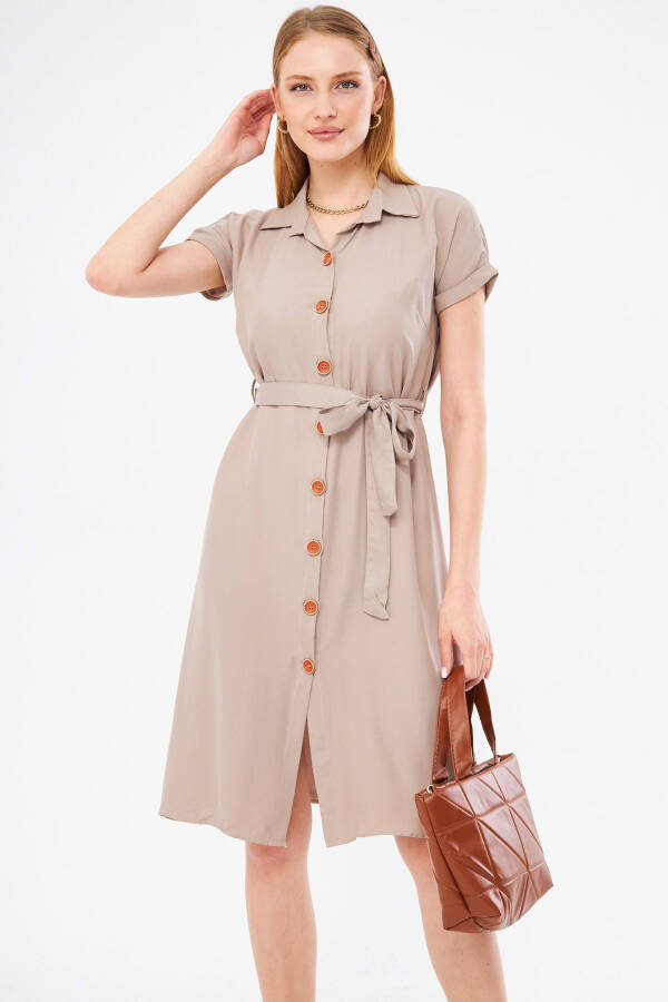 Women's Beige Belted Short Sleeve Shirt Dress ARM-19Y001068 - 3