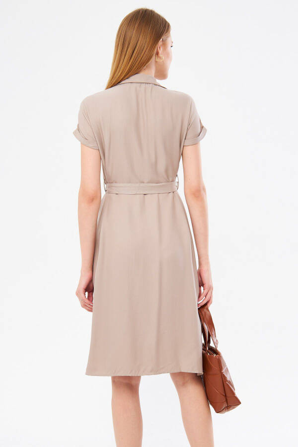 Women's Beige Belted Short Sleeve Shirt Dress ARM-19Y001068 - 5