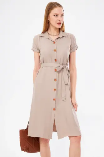 Women's Beige Belted Short Sleeve Shirt Dress ARM-19Y001068 
