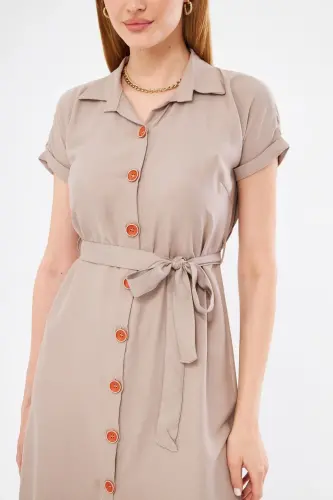 Women's Beige Belted Short Sleeve Shirt Dress ARM-19Y001068 - ARMONIKA (1)