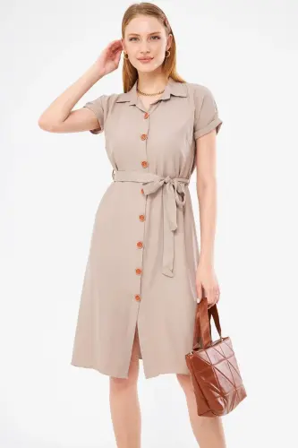 Women's Beige Belted Short Sleeve Shirt Dress ARM-19Y001068 - 3