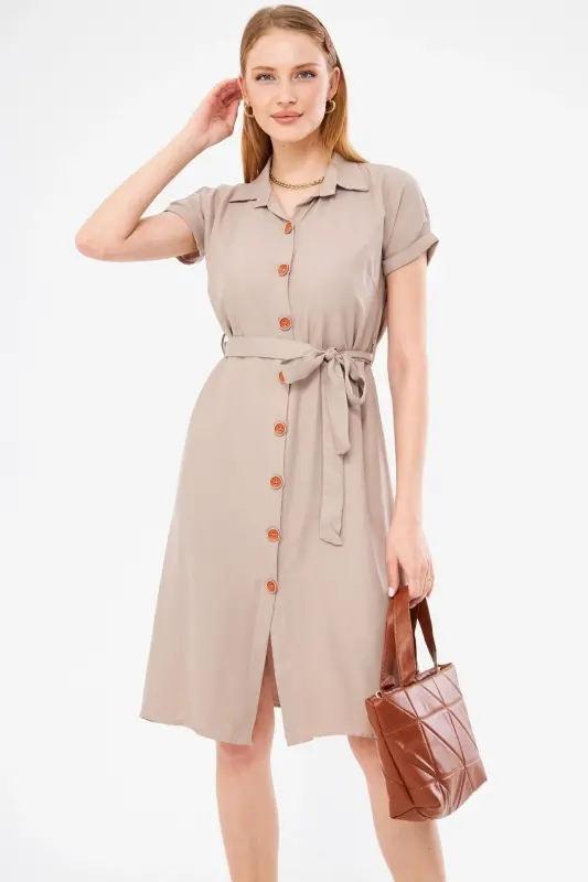 Women's Beige Belted Short Sleeve Shirt Dress ARM-19Y001068 - 3