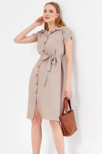 Women's Beige Belted Short Sleeve Shirt Dress ARM-19Y001068 - 4