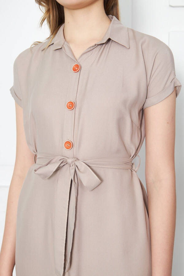 Women's Beige Belted Short Sleeve Shirt Dress ARM-19Y001068 - 7