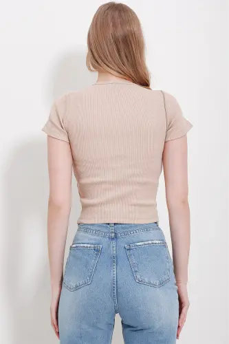 Women's Beige Bike Collar Drop Neck Half Sleeve Knitted Blouse ALC-X11546-BEJ - 5