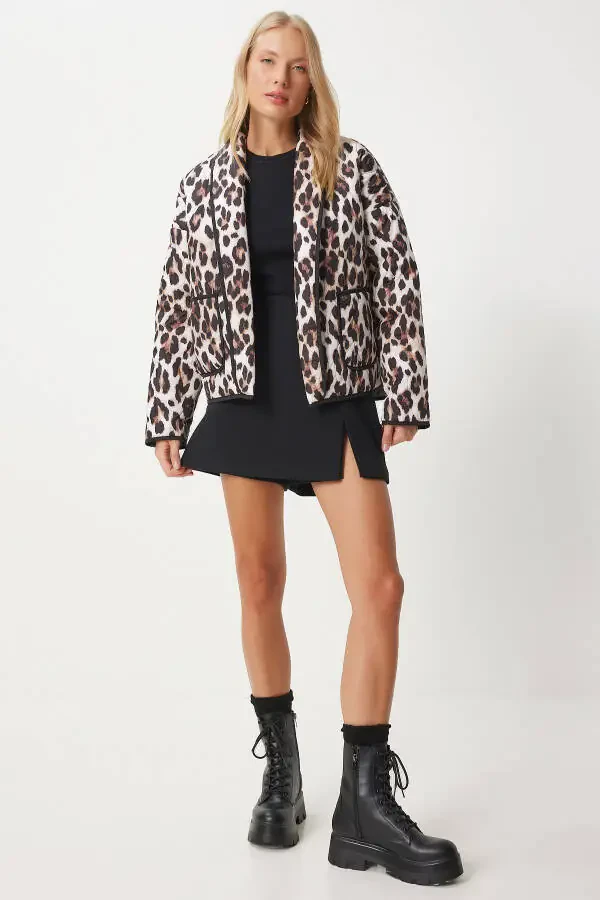 Women's Beige Black Leopard Print Pocket Quilted Jacket NT00433 - 3