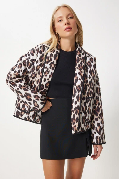 Women's Beige Black Leopard Print Pocket Quilted Jacket NT00433 - 5