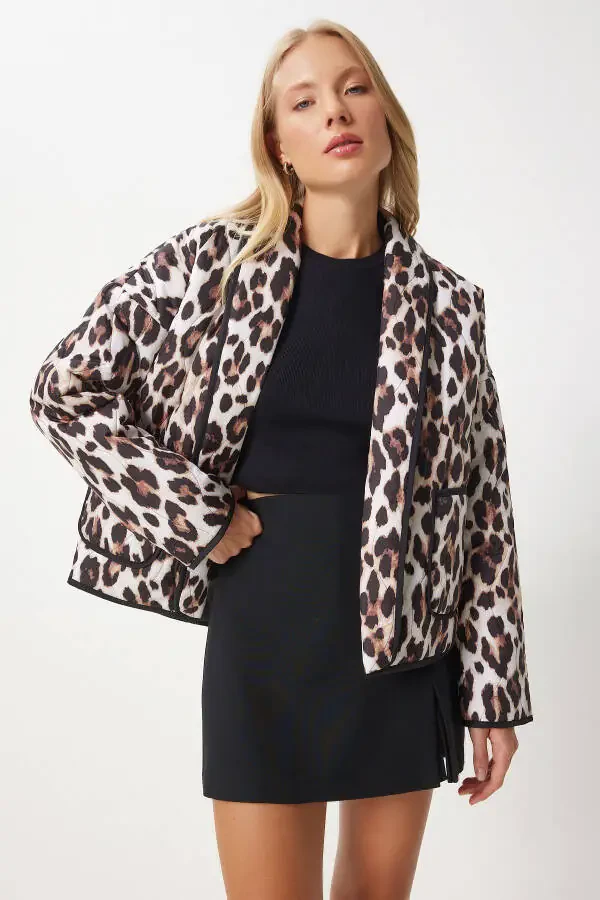 Women's Beige Black Leopard Print Pocket Quilted Jacket NT00433 - 5
