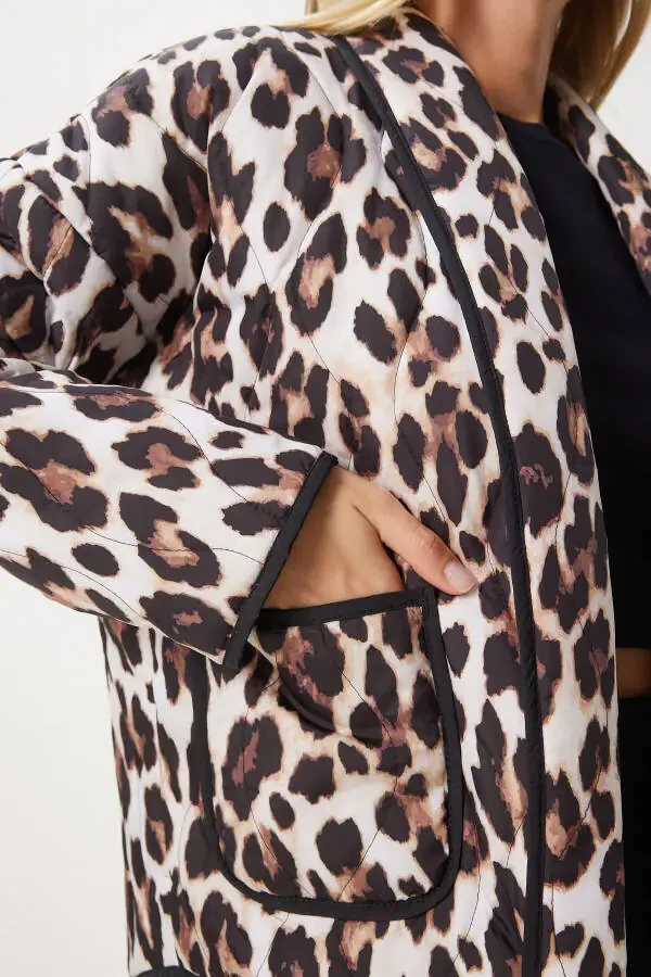 Women's Beige Black Leopard Print Pocket Quilted Jacket NT00433 - 7