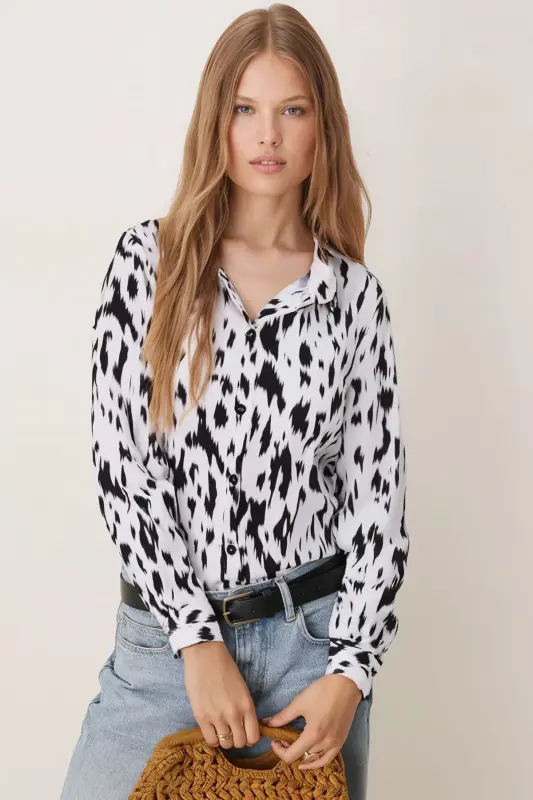 Women's Beige-Black Patterned Long Sleeve Shirt ARM-24K001 - ARMONIKA