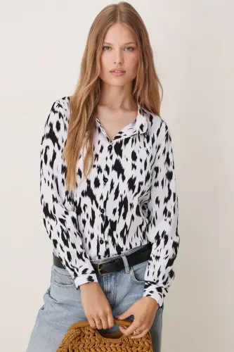 Women's Beige-Black Patterned Long Sleeve Shirt ARM-24K001 - ARMONIKA (1)
