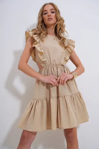 Women's Beige Boat Neckline Waist Décolleté Side Ruffled Poplin Dress ALC-X8503-BEJ - 3