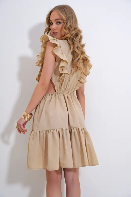 Women's Beige Boat Neckline Waist Décolleté Side Ruffled Poplin Dress ALC-X8503-BEJ - 4