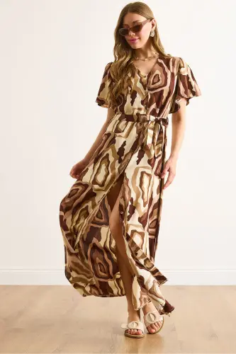 Women's Beige Brown Buttoned Belted Maxi Viscose Shirt Dress ELB-19002382-Beige Brown 