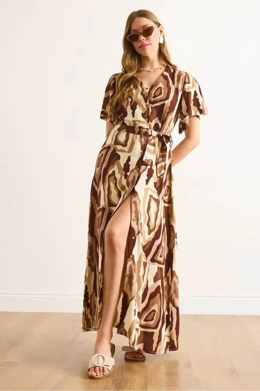 Women's Beige Brown Buttoned Belted Maxi Viscose Shirt Dress ELB-19002382-Beige Brown - 2