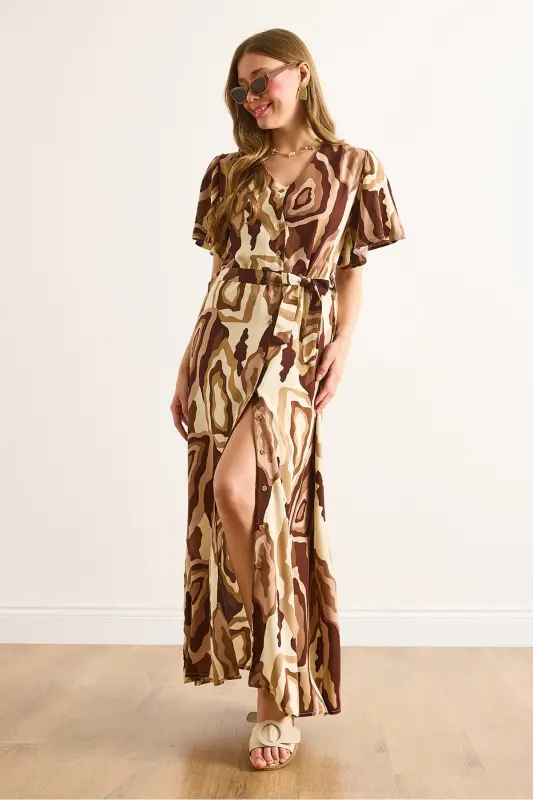 Women's Beige Brown Buttoned Belted Maxi Viscose Shirt Dress ELB-19002382-Beige Brown - 3