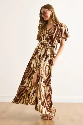 Women's Beige Brown Buttoned Belted Maxi Viscose Shirt Dress ELB-19002382-Beige Brown - 4