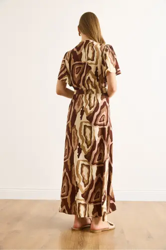 Women's Beige Brown Buttoned Belted Maxi Viscose Shirt Dress ELB-19002382-Beige Brown - 6