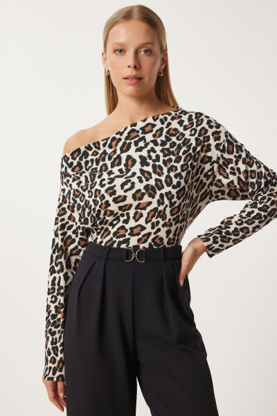 Women's Beige Brown Leopard Print One Shoulder Ribbed Knitted Blouse FF00166 - 3