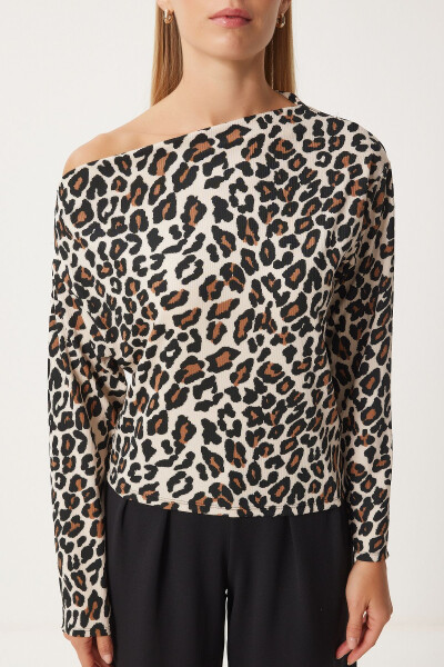 Women's Beige Brown Leopard Print One Shoulder Ribbed Knitted Blouse FF00166 - 4