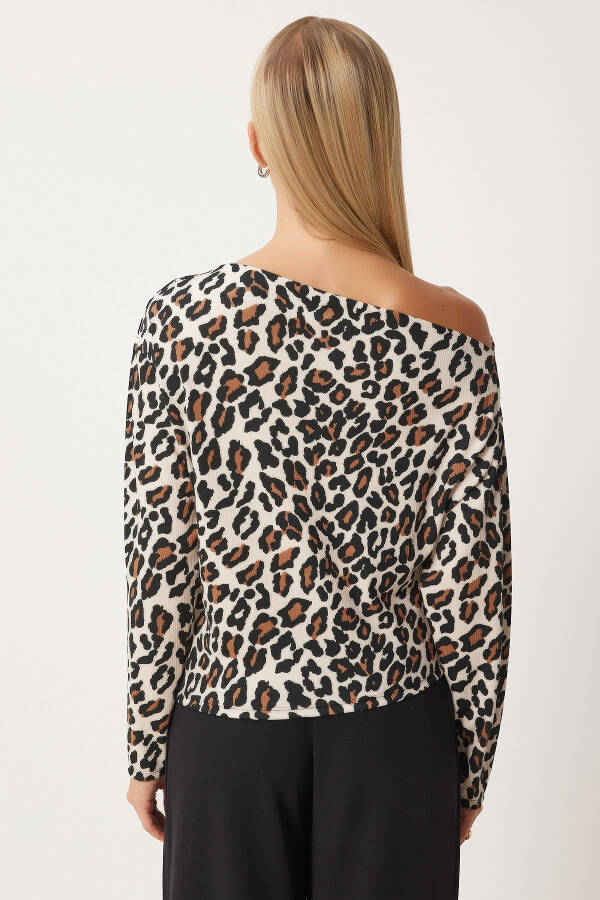Women's Beige Brown Leopard Print One Shoulder Ribbed Knitted Blouse FF00166 - 6