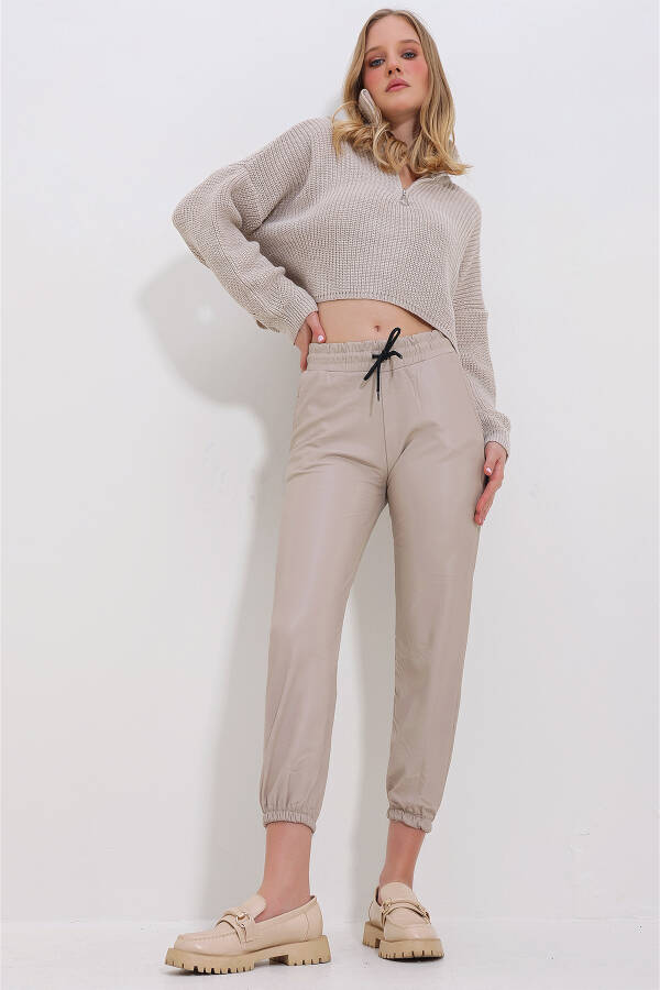 Women's Beige Casual Faux Leather Pants with Double Pockets, Elastic Waist and Ankles, Fleece Lined ALC-X7329 - 2