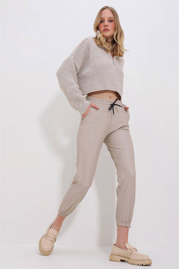 Women's Beige Casual Faux Leather Pants with Double Pockets, Elastic Waist and Ankles, Fleece Lined ALC-X7329 - 3