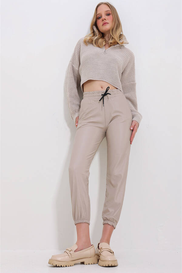 Women's Beige Casual Faux Leather Pants with Double Pockets, Elastic Waist and Ankles, Fleece Lined ALC-X7329 - 4