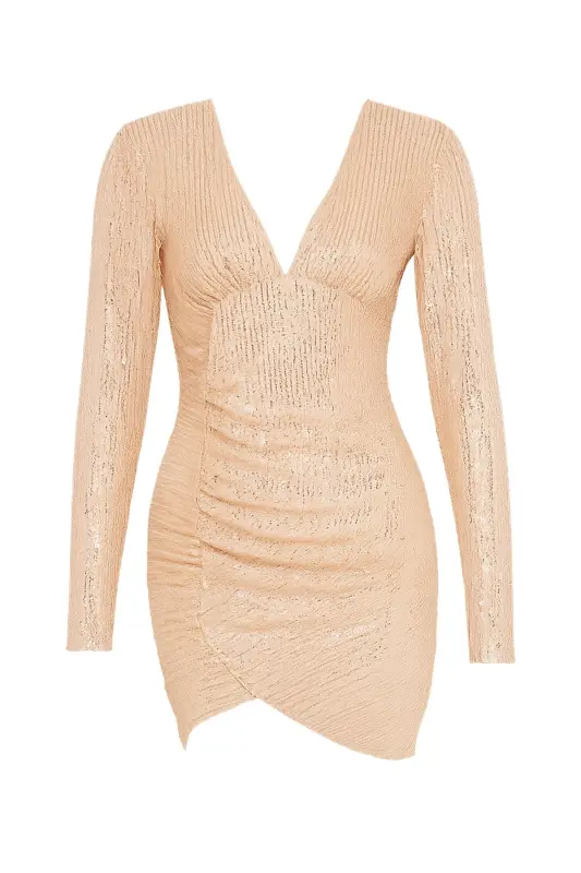 Women's Beige Christmas Special Deep V-Neck Front Gathered Inner - TREND ALAÇATI STILI