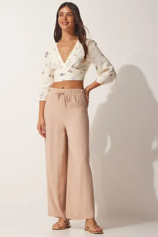 Women's Beige Cotton Viscose Palazzo Pants BV00076-Beige - 3