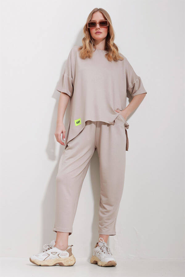 Women's Beige Crew Neck Asymmetrical Cut Armoured Blouse and Pants Set ALC-X11604 - 3