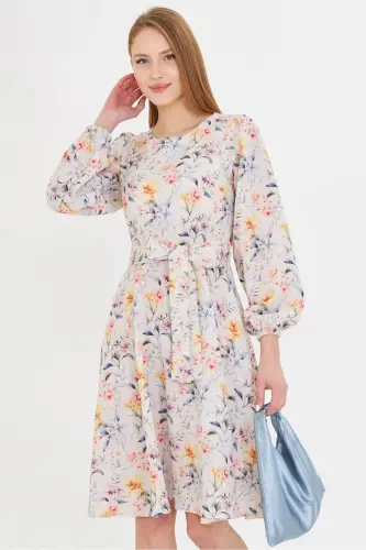 Women's Beige Crew Neck Back Zipper Belted Long Sleeve Flared Midi Dress ARM-25Y001008-Beige - 1