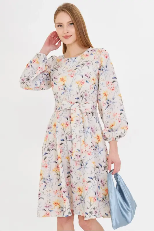 Women's Beige Crew Neck Back Zipper Belted Long Sleeve Flared Midi Dress ARM-25Y001008-Beige - ARMONIKA