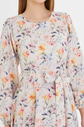 Women's Beige Crew Neck Back Zipper Belted Long Sleeve Flared Midi Dress ARM-25Y001008-Beige - 3