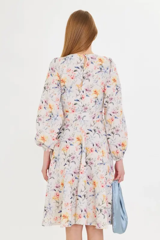 Women's Beige Crew Neck Back Zipper Belted Long Sleeve Flared Midi Dress ARM-25Y001008-Beige - 4